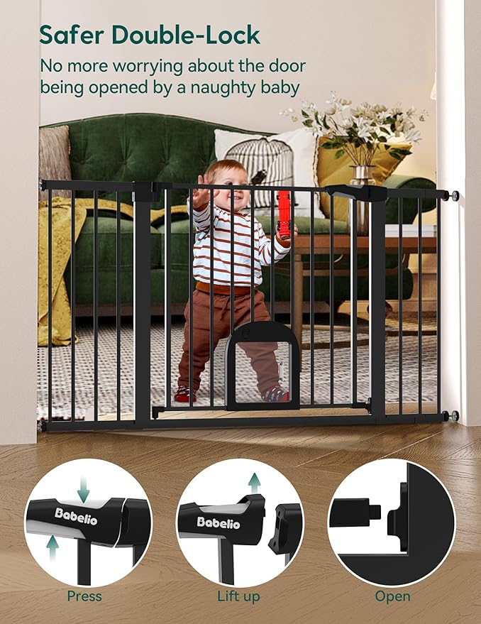 Babelio 36.5-57" Extra Wide Baby Gate with Cat Door,Auto Close&Two Way Swing,Pressure Mounted Dog Gates for Stairs,Doorways,Includes 4 Wall Cups and 3 Extension Pieces,Black-CubbioJoy