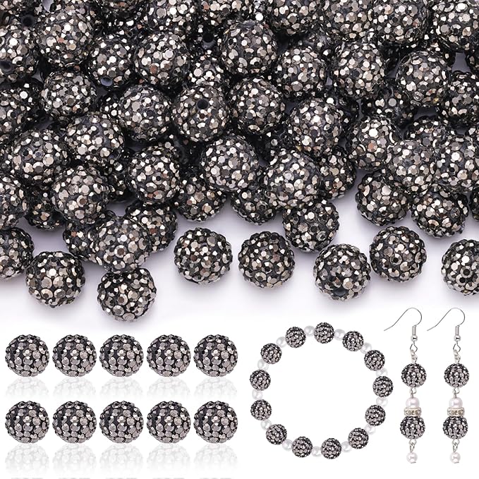200pcs 10mm Rhinestone Beads for Jewelry Making, Hematite Shiny Round Disco Ball Beads Bulk, Sparkle Crystal Clay Christmas for Bracelet Baseball Necklace Earring Crafting and DIY-CubbioJoy