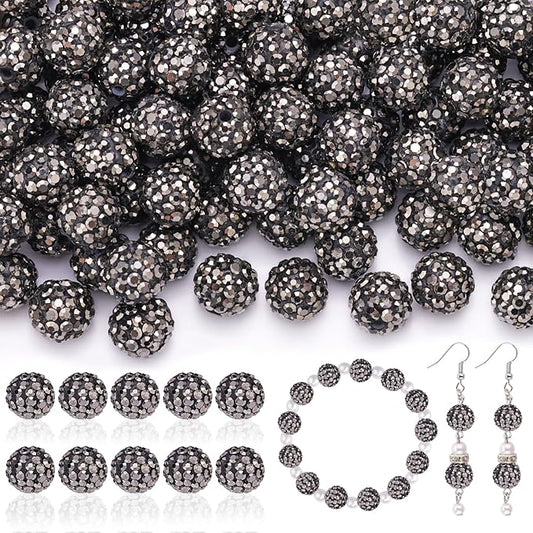 200pcs 10mm Rhinestone Beads for Jewelry Making, Hematite Shiny Round Disco Ball Beads Bulk, Sparkle Crystal Clay Christmas for Bracelet Baseball Necklace Earring Crafting and DIY-CubbioJoy