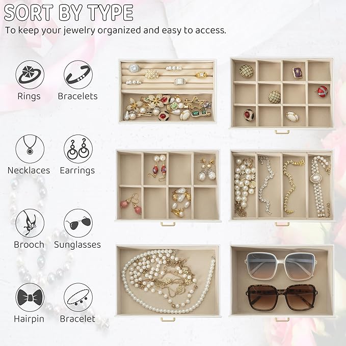 AKOZLIN Large 6-Tier Jewelry Box Lockable Leather Jewelry Storage Case with 5 Drawers for Women Girls Ring Necklace Earring Bracelet Holder Organizer with Mirror-CubbioJoy
