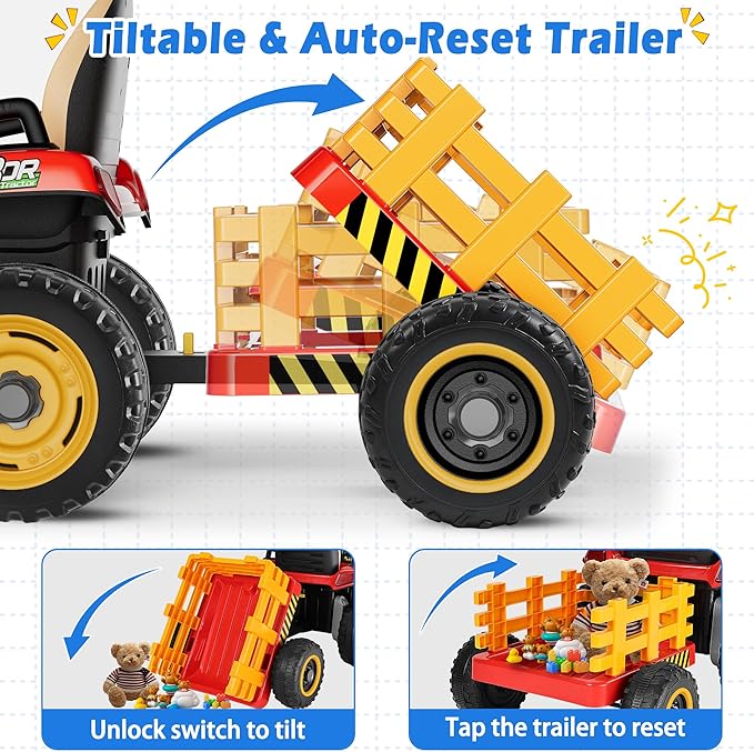 24V Ride On Tractor w/Tiltable & Detachable Trailer, 2x65W Motors, EVA Tires, Remote Control, Bluetooth, Shifter, Music, Electric Car for Kids Ages 2-5, Red-CubbioJoy