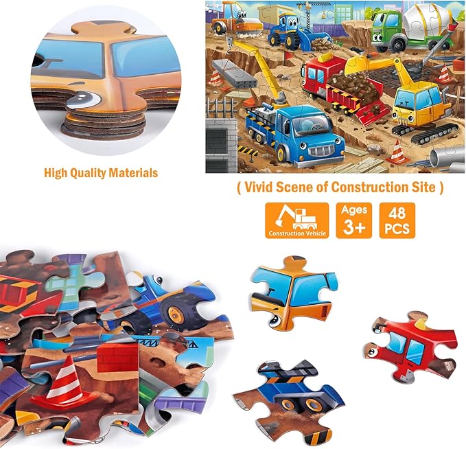 Jumbo Floor Puzzle for Kids,Construction Site Jigsaw Large Puzzles,48 Piece Construction Vehicle Puzzle for Toddler Ages 3-5,Children Learning Preschool Educational Toys,Gift for 4-8 Years Old-CubbioJoy