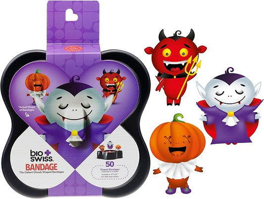 BioSwiss Bandages, Halloween Ghouls Shaped Self Adhesive Bandage, Latex Free Sterile Wound Care, Fun First Aid Kit Supplies for Kids and Adults, 50 Count-CubbioJoy