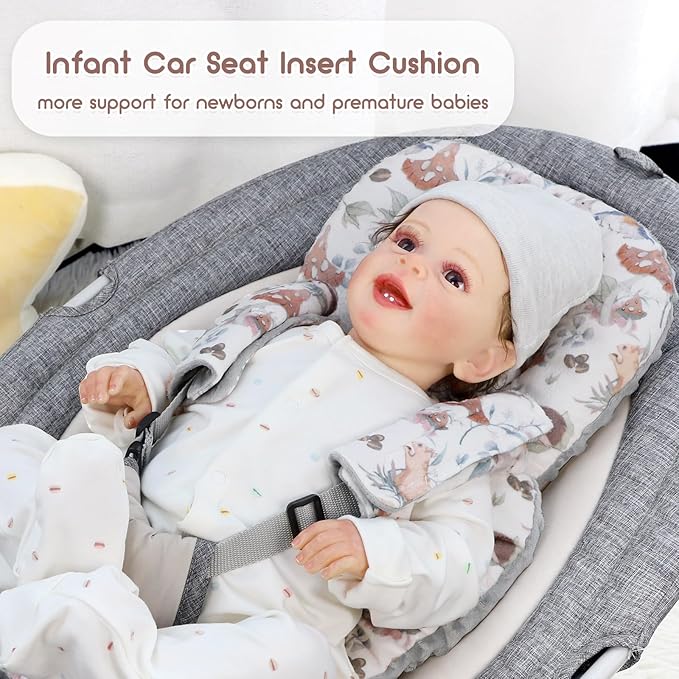 Infant Car Seat Insert, Car Seat Head Support Baby Girls Boys, Soft & Reversible Newborn Carseat Insert Cushion with 2 Strap Covers, for Stroller, Swing, Bouncer (Gray Animals)-CubbioJoy