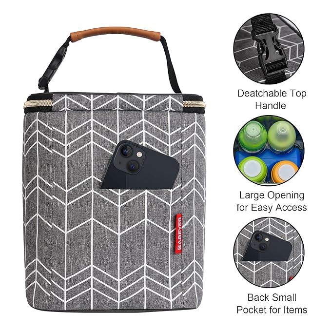 Breast Milk Cooler Bag with Ice Pack Fits 4 Baby Bottles Up to 9 Ounce, Baby Bottle Bag Great for Nursing Mom Daycare, Grey-CubbioJoy