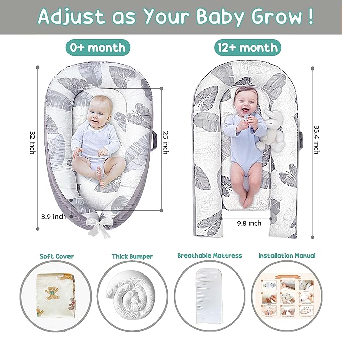 Baby Lounger - Baby Lounger for Newborn 0-24 Months, Breathable, Soft Cotton Baby Nest, Portable Infant Lounger for Home & Travel, Newborn Essentials Gift (Grey Leaf)-CubbioJoy