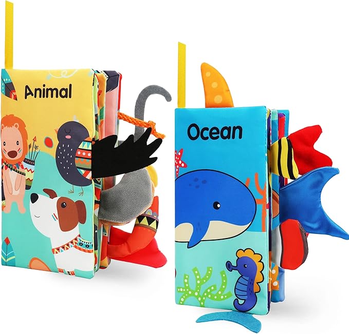 BARMACO Baby Soft Books, Touch and Feel Crinkle Cloth Books for Babies, Infants & Toddlers, Learning Toys Gifts for Boys & Girls, Early Development Interactive Sensory Toys, Ocean Animal Tails Books-CubbioJoy