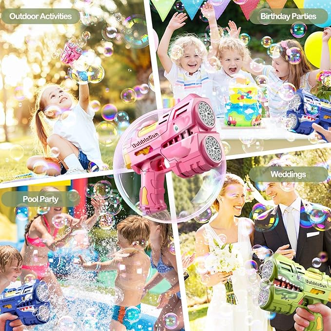 2 Pack Bubble Guns for Kids, Rechargeable LED Light Up Dinosaur Bubbles Machine Blower with 4 Bottles Refill Solution for Toddlers 4-8, Wedding Party Birthday Gift-CubbioJoy