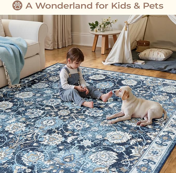 Blue 9x12 Area Rugs for Living Room, Washable Large Rug, Vintage Floral Soft Carpet, Non Slip & Low Pile, Wool Carpets for Indoor Bedroom Dining Home Playroom Office Under Table, Blue Garden-CubbioJoy
