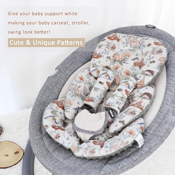 Infant Car Seat Insert, Car Seat Head Support Baby Girls Boys, Soft & Reversible Newborn Carseat Insert Cushion with 2 Strap Covers, for Stroller, Swing, Bouncer (Gray Animals)-CubbioJoy