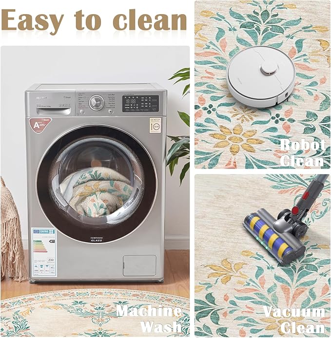 jinchan Round Rug 8ft Area Rugs,Vintage Floral Distressed Design Machine Washable Soft Non-Slip Low-Pile Ultra-Thin Circle Rug for Living Room Dining Room Bedroom Home Office (8' Round,Apricot Multi)-CubbioJoy