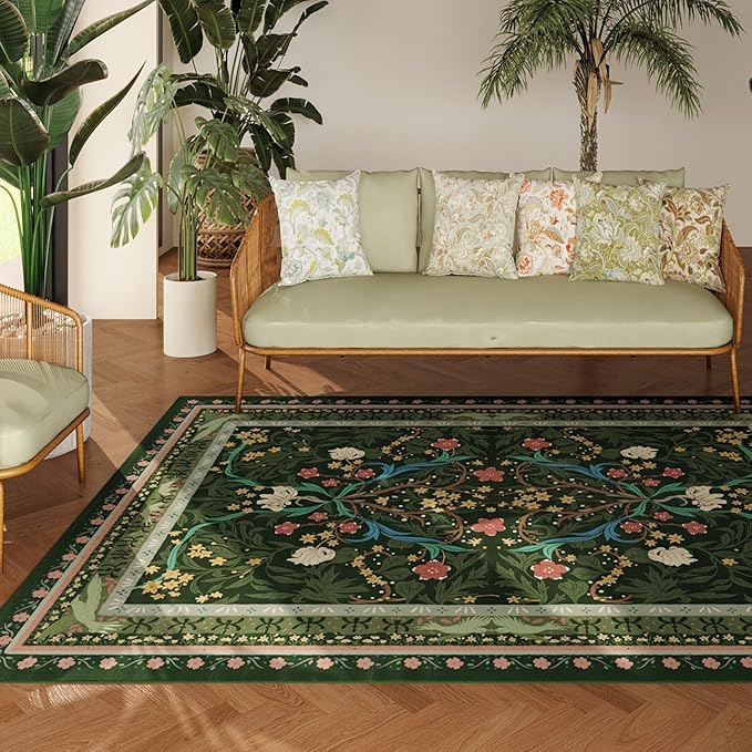 Area Rug 4x6 Rug Washable Vintage Floral Botanical Rugs Non Slip Low Pile Small Carpet for Bedroom, Bedside, Kids Room, Office, Dining Room, Green-CubbioJoy