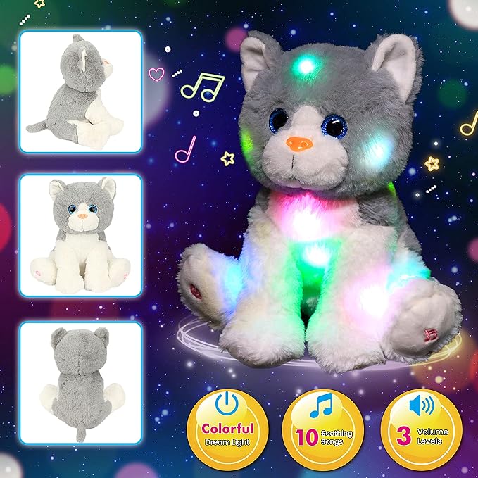 Cuteoy Light-up Singing Plush Cat LED Musical Kitty Stuffed Animal Adjustable Volume Lullaby Plushies Birthday Christmas Toy Gifts for Kids Toddler Girls, 10.5"-CubbioJoy