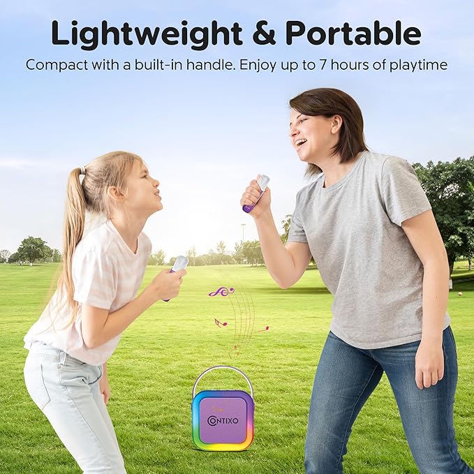 Contixo KS1A Kids Mini Karaoke Machine with LED Lights, 7–10H Playback, Dual Wireless Mics, Magic Voice Effects, Bluetooth Speaker for Children, Portable Singing Toy Gift for Boys & Girls, Purple-CubbioJoy