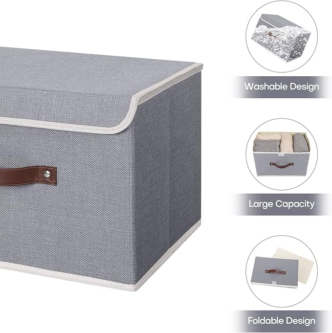 ANMINY 4PCS Storage Bins with Lid PU Leather Handles Storage Boxes PP Plastic Board Decorative Foldable Lidded Cotton Linen Fabric Home Cubes Baskets Closet Organizer Containers - Gray, Large Size-CubbioJoy