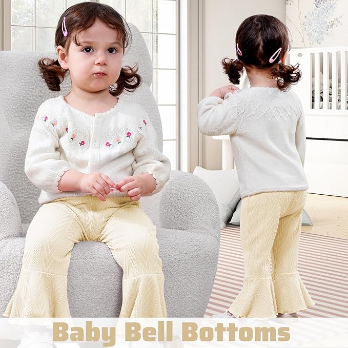 2 Pack Toddler Baby Girl Pants Flare Leggings Ribbed Knit Newborn Bell Bottoms Solid Ruffle Infant Pants for Girls-CubbioJoy