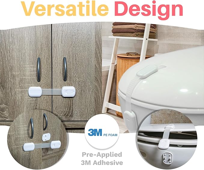 6-Pack Child Proof Locks for Cabinet Doors, Drawers, Fridge, Toilet Seat, Dishwasher, Trash Can, Cupboard - 3M - No Drilling - Child Safety Locks for Cabinets and Drawers - Baby Proofing Cabinets Lock-CubbioJoy