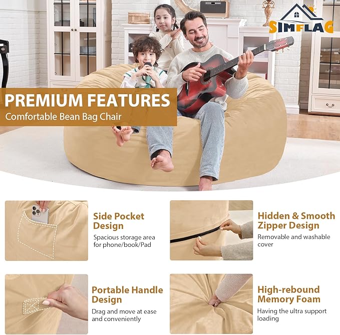 4FT Bean Bag Chair, Large Bean Bag Chairs with Memory Foam Filled, Fluffy Beanbag Sofa with Dutch Velvet Cover, Round BeanBag Chairs for Living Room, Playroom - Khaki-CubbioJoy