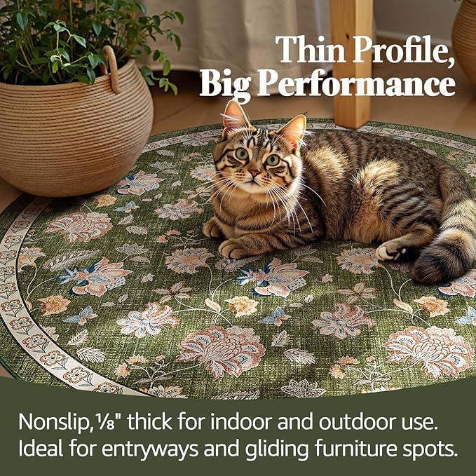 jinchan 8ft Floral Round Rug for Dining Room Washable Living Room Rug Vintage Romance Design Non Slip Indoor Floor Cover Lightweight Low-Profile Throw Carpet for Bedroom Porch Patio, Green-CubbioJoy