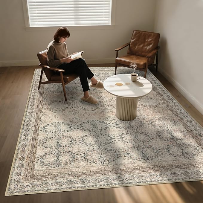 5x7 Washable Area Rug for Living Room Rustic, Non Slip Vintage Floral Bedroom Rugs Retro, Traditional Indoor Floor Carpet for Dining Room, Kitchen, Farmhouse, Office Beige/Pink/Orange-CubbioJoy