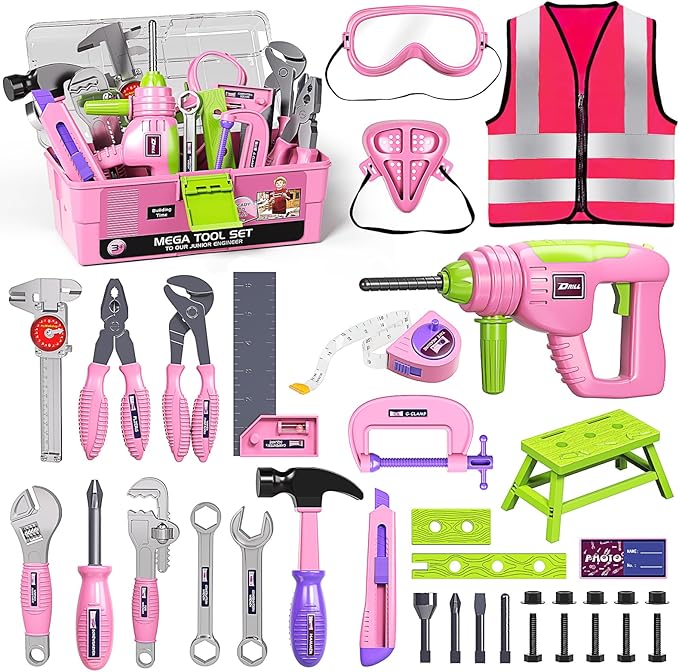 Deejoy Tool Set with Tool Box & Electronic Toy Drill, Pretend Play Kids Construction Kits for Kids Ages 3-5 Years Old, Toddler Tool Set(Pink)-CubbioJoy