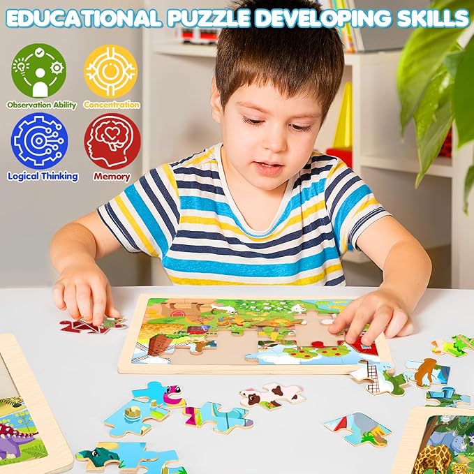 4 Packs Puzzles for Kids Ages 4-6, Wooden Animals Jigsaw Puzzles for Toddlers Ages 2-4, Preschool Educational Puzzles Boards Toys Gifts for 3 4 5 6 Boys Girls-CubbioJoy