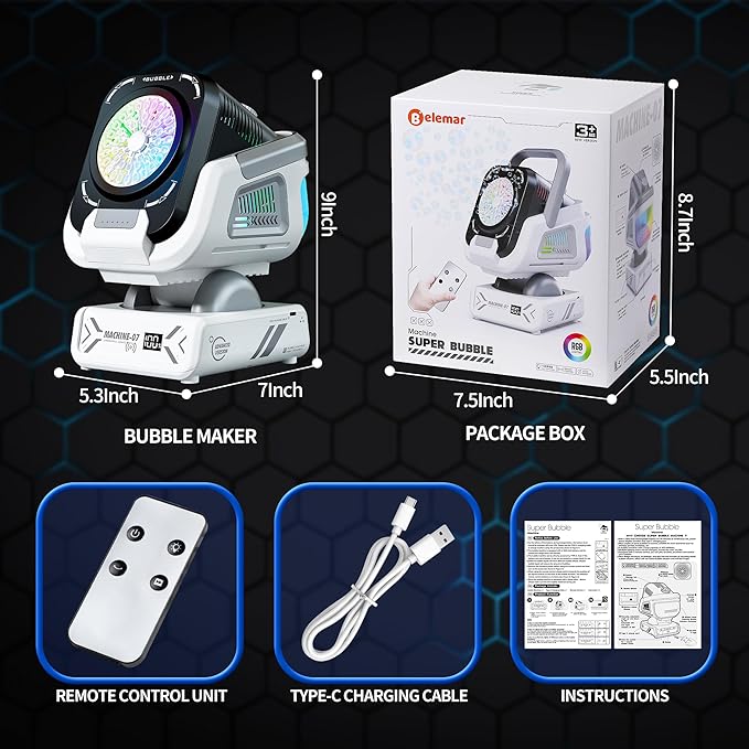 2025 Upgraded Bubble Machine with Remote Control, Automatic Rotation & RGB Lights, 1800mAh Rechargeable Battery, Type-C Charge, Bubble Maker for Kids, Weddings, Birthday Parties, Outdoor Activities-CubbioJoy
