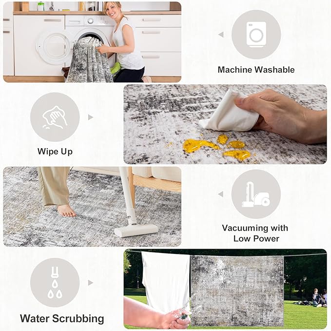 Area Rugs 10x12 Living Room - Washable Rug Modern Abstract Soft Large Neutral Non-Slip Carpet Indoor Floor Thin Carpets for Bedroom Dining Room Farmhouse Nursery Home Office Brown Black Grey-CubbioJoy