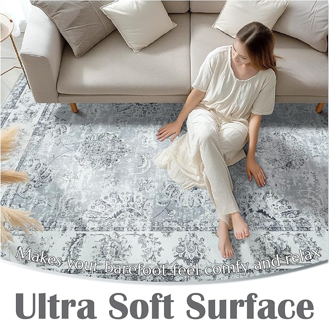 jinchan Runner Rug 2x6 Washable Hallway Runner - Vintage Floral Non Slip Low-Pile Soft Thin Kitchen Rug Distressed Carpet for Farmhouse Bedroom Entryway Laundry Room(2x6ft,Grey)-CubbioJoy