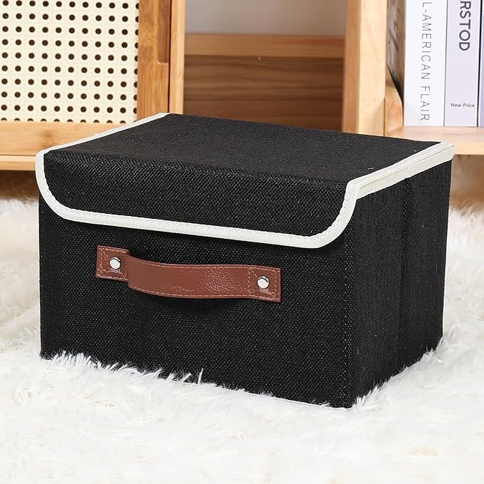 ANMINY 2PCS Storage Bins with Lid PU Leather Handles Storage Boxes PP Plastic Board Decorative Foldable Lidded Cotton Linen Fabric Home Cubes Baskets Closet Organizer Containers - Black, Large Size-CubbioJoy