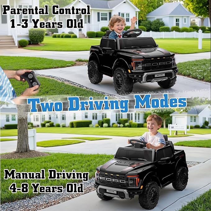 12V Ride on Car Licensed Ford F-150 Raptor, Kids Electric Car with Remote Control, LED Light/Music/MP3, Truck Bed Storage, 3-Point Seat Belt (12V, Black)-CubbioJoy