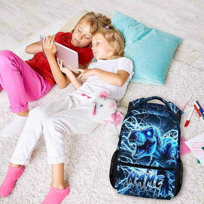 Dinosaur Backpack for Boys, Kids Custom Lightning Bookbag Gift with Name for Kindergarten Primary Senior Middle, 17 Inch Lightweight Cool Personalized Backpacks for School-CubbioJoy
