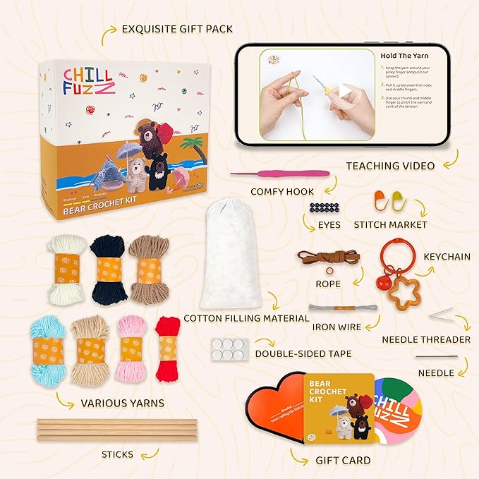 ChillFuzz Animal Crochet Kit Beginner Crochet Kit for Adults and Kids with Soft Yarn Hook and Instructions Cute Handmade DIY Gift Bear-CubbioJoy