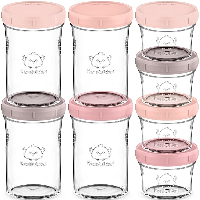 KeaBabies 4pk 8oz & 4pk 4oz Glass Baby Food Containers with Lids - Leak-Proof, Microwavable Small Glass Jars,Baby Purees & Toddler Snack Storage Containers,BPA-Free,Dishwasher & Freezer Safe(Roseate)-CubbioJoy