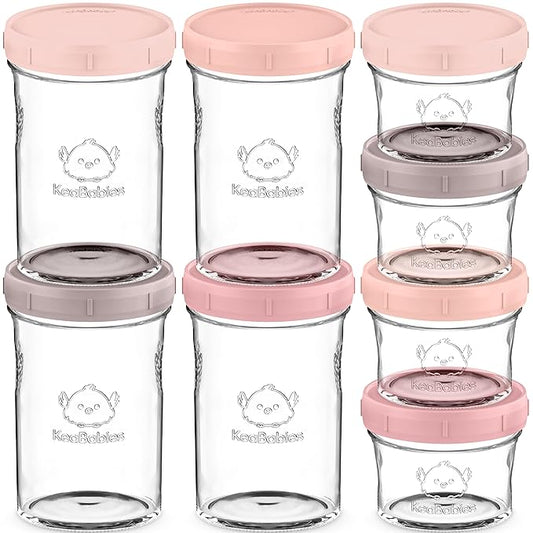 KeaBabies 4pk 8oz & 4pk 4oz Glass Baby Food Containers with Lids - Leak-Proof, Microwavable Small Glass Jars,Baby Purees & Toddler Snack Storage Containers,BPA-Free,Dishwasher & Freezer Safe(Roseate)-CubbioJoy