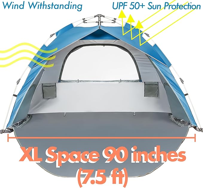Beach Tent Pop Up Beach Sun Shade Tent with UPF 50+ UV Protection, Removable Floor Zippered Privacy & Ventilation Sun Shelter Family 3 to 4 Person-CubbioJoy