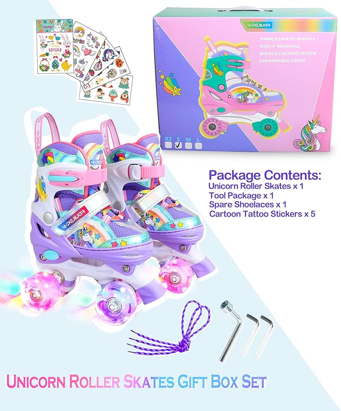 4-Pejiijar Rainbow Unicorn Kids Roller Skates for Girls Toddler Ages 2-4 5-8 8-12,Adjustable Roller Shoes with Luminous Wheels for Birthday Xmas Gifts-CubbioJoy