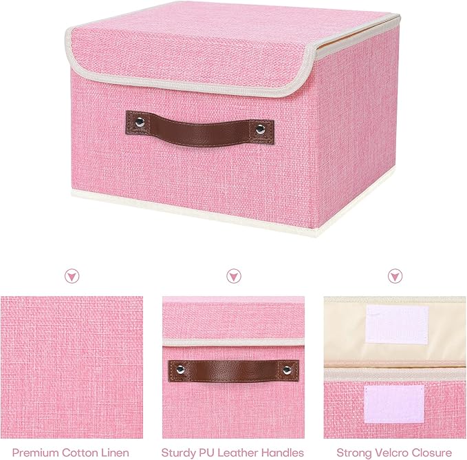 ANMINY 2PCS Storage Bins with Lid PU Leather Handles Storage Boxes PP Plastic Board Decorative Foldable Lidded Cotton Linen Fabric Home Cubes Baskets Closet Organizer Containers - Pink, Small Size-CubbioJoy