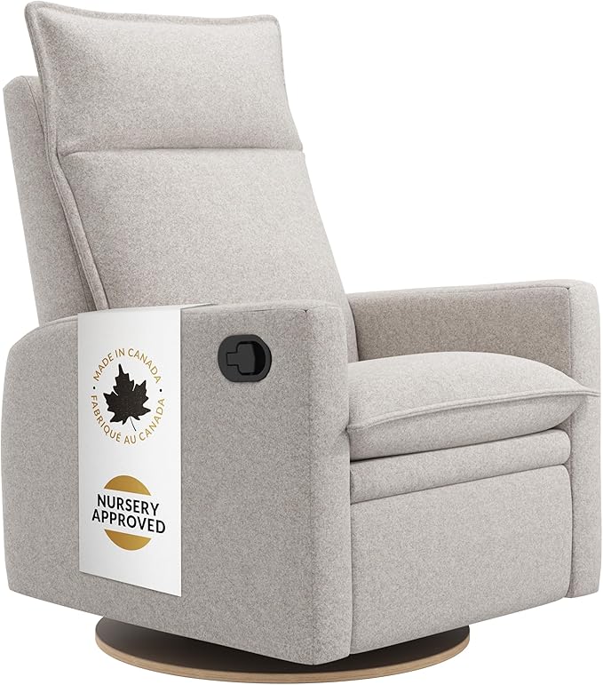 Arya Modern Nursery Glider Recliner Chair – Cozy Nursing Chair with 360° Swivel for New Parents, Gentle Motion, Compact Design, High Back & Low Armrests, Canadian Made (Heather Pearl/Arlo Fabric)-CubbioJoy