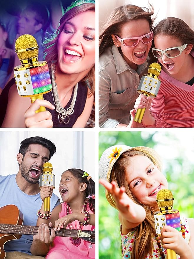 BlueFire 4 in 1 Karaoke Wireless Microphone with LED Lights, Portable Microphone for Kids, Great Gifts Toys for Kids, Girls, Boys and Adults (Gold)-CubbioJoy