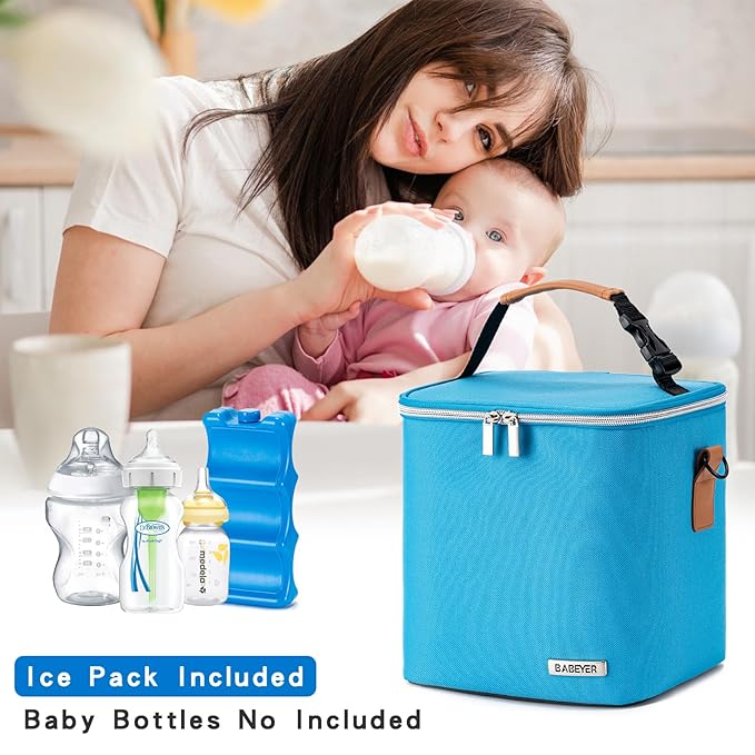 Breastmilk Cooler Bag with Ice Pack Fits 6 Baby Bottles Up to 9 Ounce, Baby Bottle Bag with Shoulder Strap for Nursing Mom Daycare, Blue-CubbioJoy
