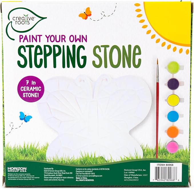 Creative Roots Mosaic Butterfly Stepping Stone Kit, Includes 7-Inch Ceramic Stepping Stone & 6 Vibrant Paints, Paint Your Own Stepping Stone, DIY Stepping Stone for Kids Ages 8+ White-CubbioJoy