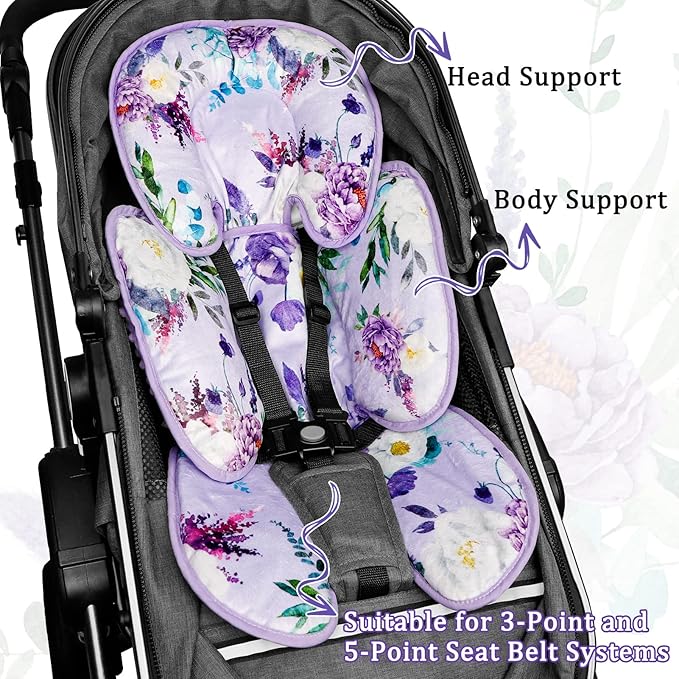 2 in 1 Infant Car Seat Insert, Car Seat Head Support Baby Girls Boys, Soft Newborn Carseat Insert Cushion, Perfect for Carseats, Strollers, Swings (Purple Flower)-CubbioJoy