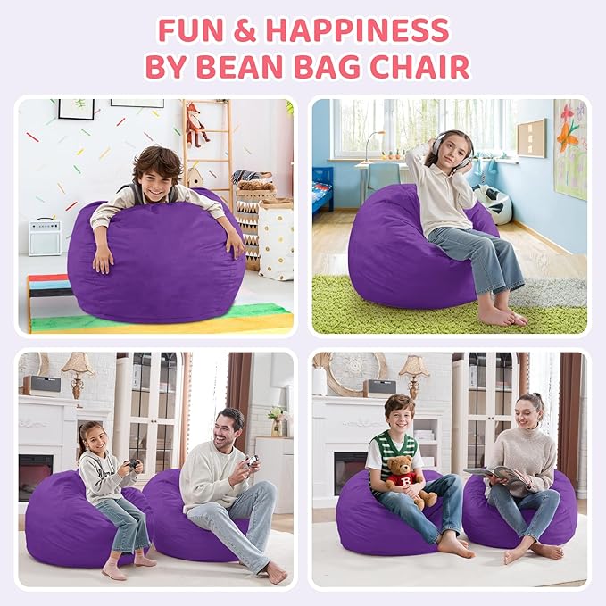 2FT Bean Bag Chair, Comfy Bean Bag Chairs with Memory Foam Filled, Fluffy Beanbag Sofa with Dutch Velvet Cover, Teardrop BeanBag Chairs for Living Room, Playroom - Purple-CubbioJoy