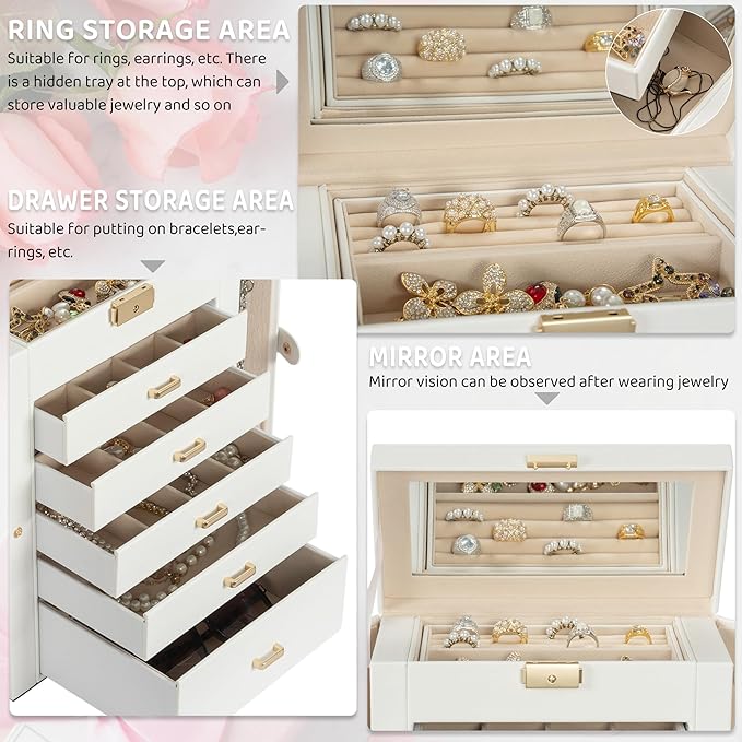 AKOZLIN Large 6-Tier Jewelry Box Lockable Leather Jewelry Storage Case with 5 Drawers for Women Girls Ring Necklace Earring Bracelet Holder Organizer with Mirror-CubbioJoy