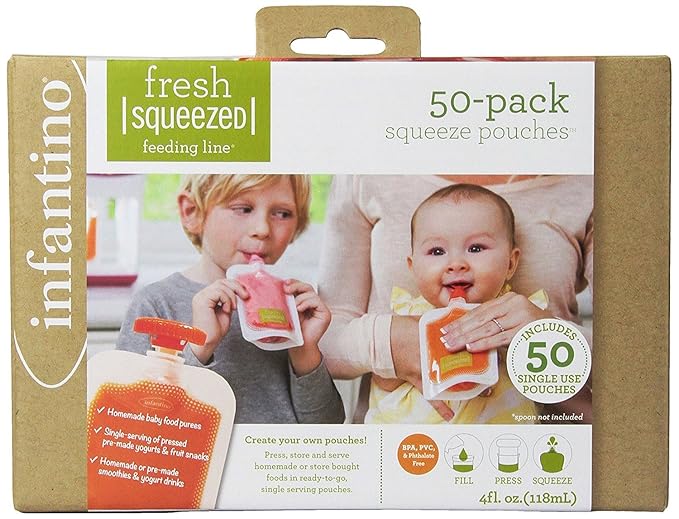Infantino Disposable Squeeze Pouches - Pack of 50 Disposable Pouches for Portable Homemade semi-Solid Food for Babies and Toddlers, BPA and PVC Free, Freezer Safe-CubbioJoy