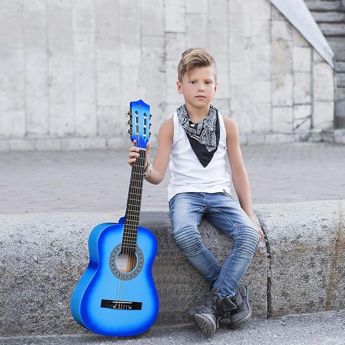 ADM Beginner Acoustic Classical Guitar 34 Inch Nylon Strings Wooden Guitar Bundle Kit for Kid Boy Girl Student Youth Guitarra Online Lessons with Gig Bag, Strap, Tuner, Strings, Picks, Blue-CubbioJoy