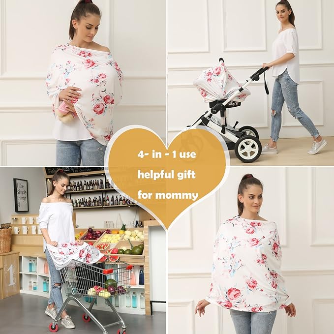 Baby Car Seat Covers - Stroller Canopy Breastfeeding Covers, Multi-use Carseat Canopy, for Boys and Girls Shower Gift (Print Flower)-CubbioJoy