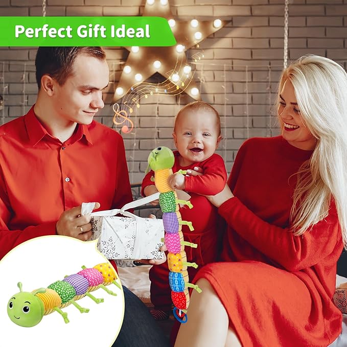 Baby Toys, Musical Plush Stuffed Toy for Newborn 0-3 0-6 3-6 6-12 Months Old, Animal Soft Rattle Sensory Toys with Teether for Tummy Time, Infant Boy& Girl Easter Gifts, Caterpillar-CubbioJoy