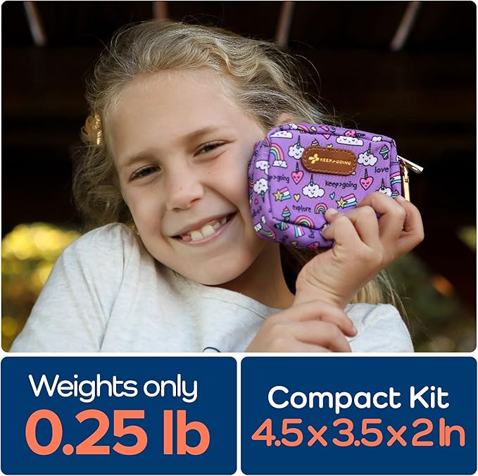 KeepGoing Small Travel First Aid Kit Kids – 60 Pc. Mini First Aid Kit for Purse, Diaper Bag, & Backpack with Latex-Free Bandages – 4 Oz., & 4.5 x 3.5 x 2 in, TSA-Approved-CubbioJoy